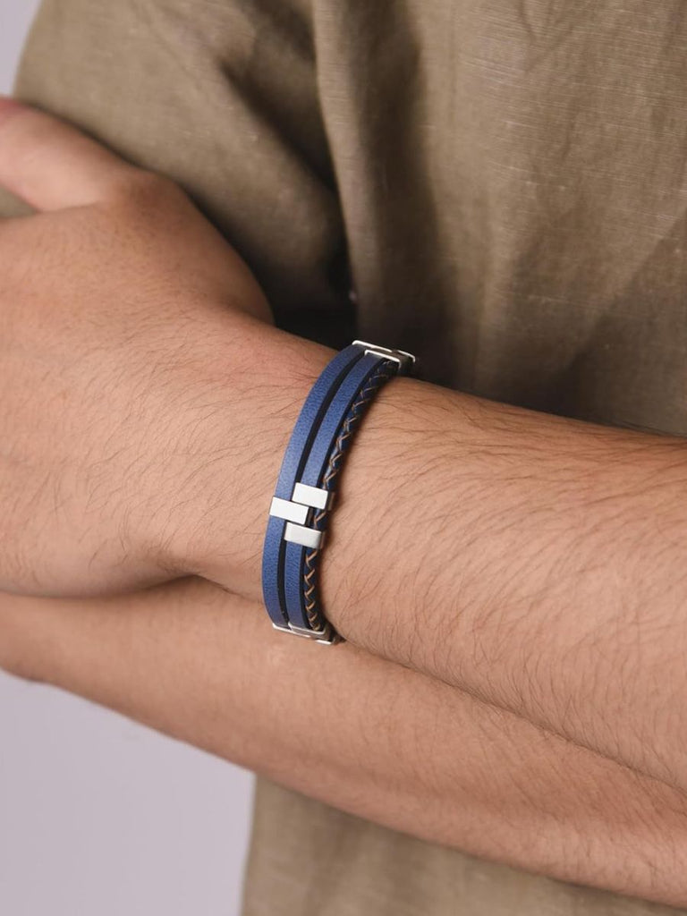 Bracelet homme en cuir, acier inoxydable, design moderne et naturel, modèle Daryl - Bracelet - Bleu S