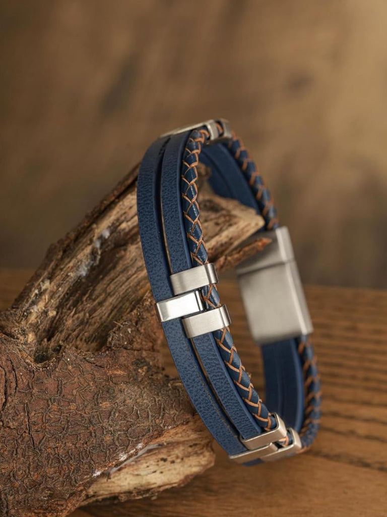 Bracelet homme en cuir, acier inoxydable, design moderne et naturel, modèle Daryl - Bracelet - Bleu S