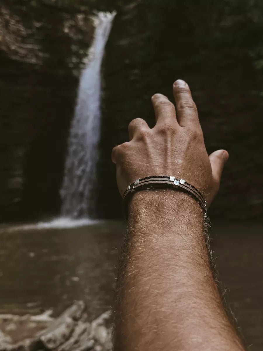 Bracelet homme en cuir, acier inoxydable, design moderne et naturel, modèle Daryl - Bracelet - Marron S