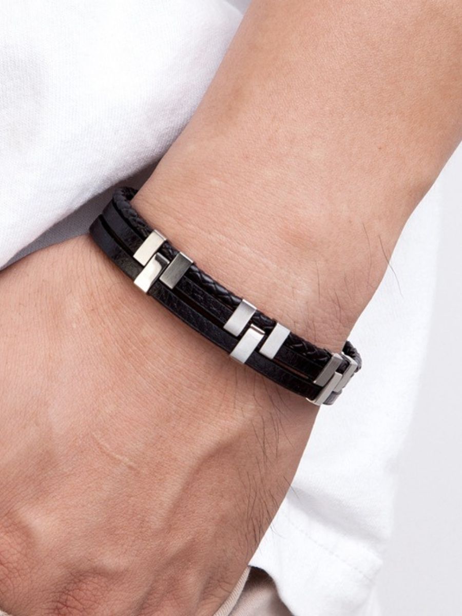 Bracelet homme en cuir, acier inoxydable, design moderne et naturel, modèle Daryl - Bracelet - Noir S