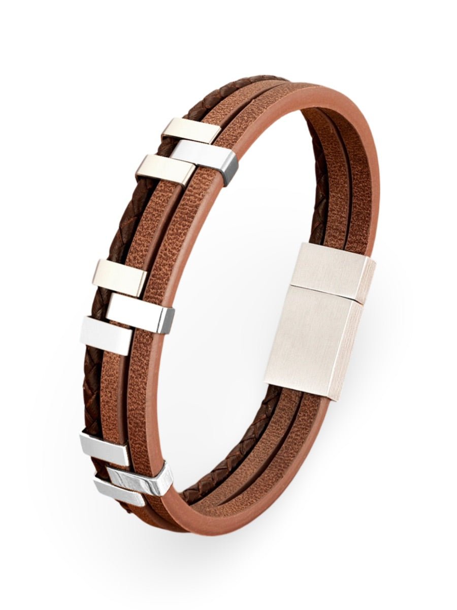 Bracelet homme en cuir, acier inoxydable, design moderne et naturel, modèle Daryl - Bracelet - Marron S