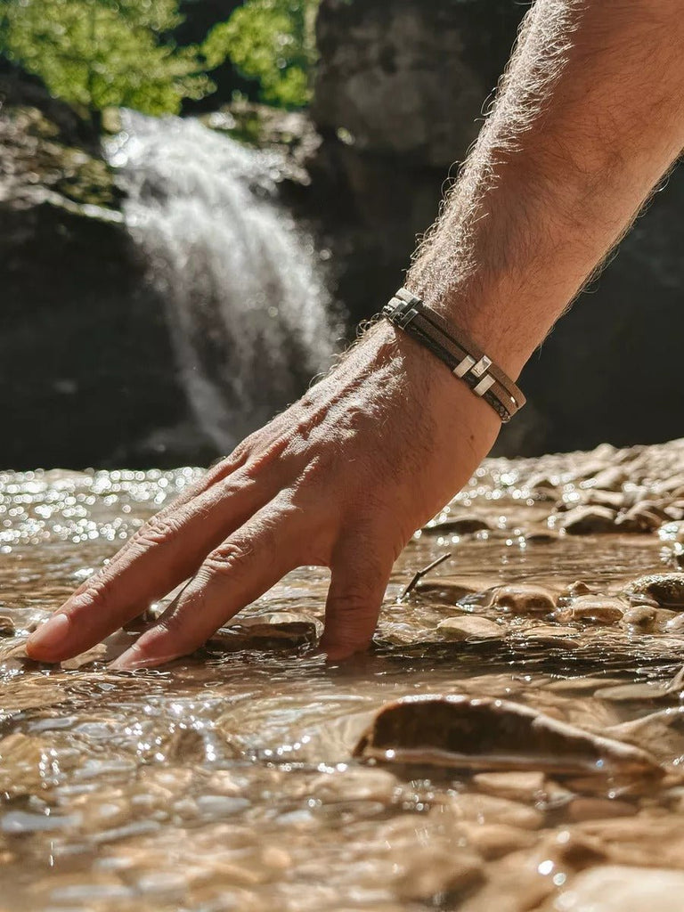 Bracelet homme en cuir, acier inoxydable, design moderne et naturel, modèle Daryl - Bracelet - Marron S