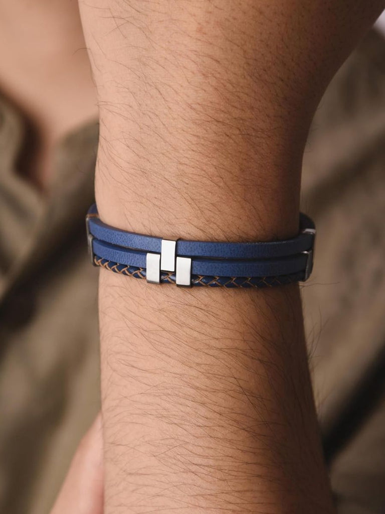 Bracelet homme en cuir, acier inoxydable, design moderne et naturel, modèle Daryl - Bracelet - Bleu S