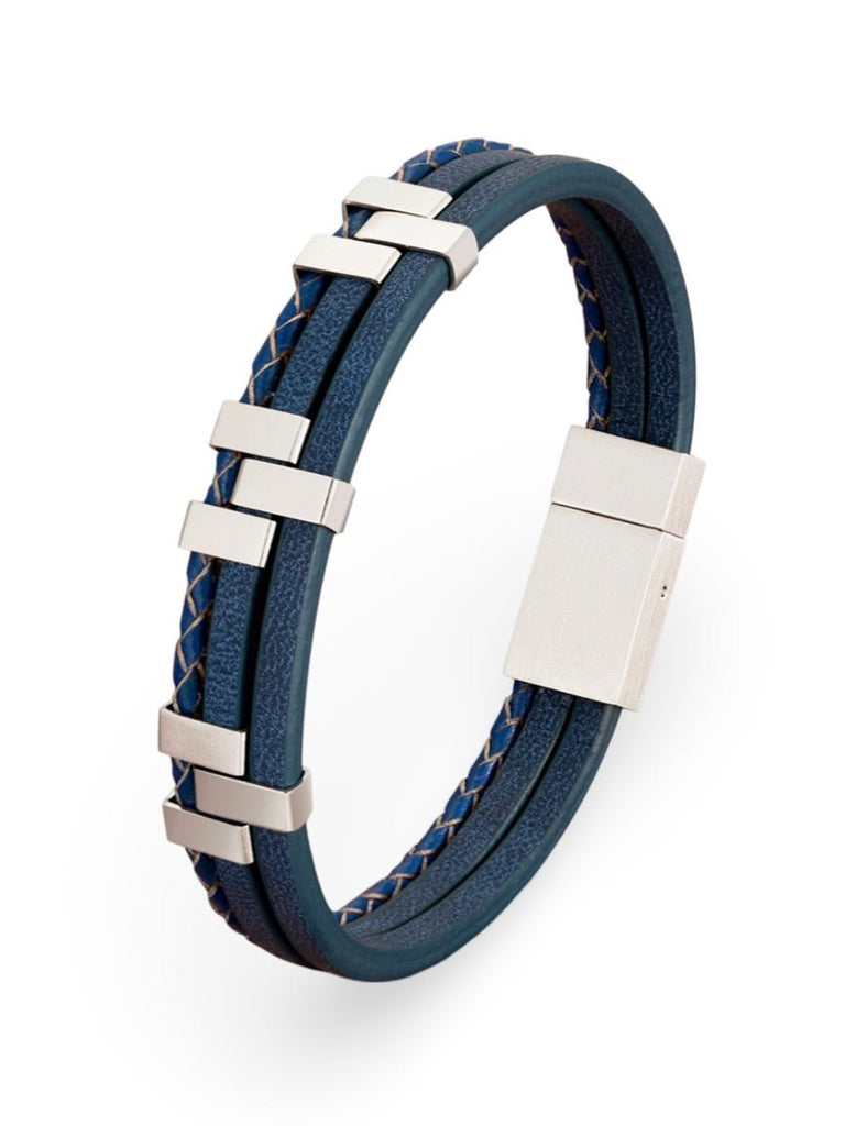 Bracelet homme en cuir, acier inoxydable, design moderne et naturel, modèle Daryl - Bracelet - Bleu S