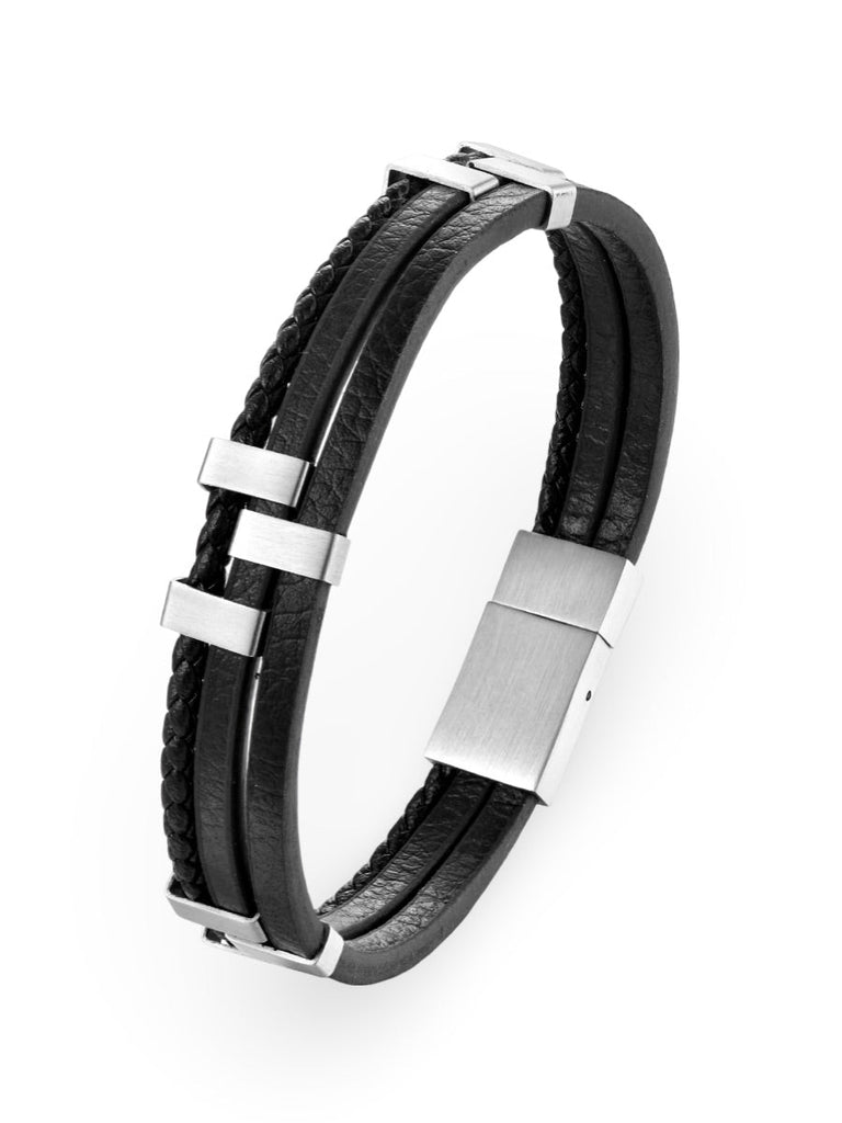 Bracelet homme en cuir, acier inoxydable, design moderne et naturel, modèle Daryl - Bracelet - Noir S