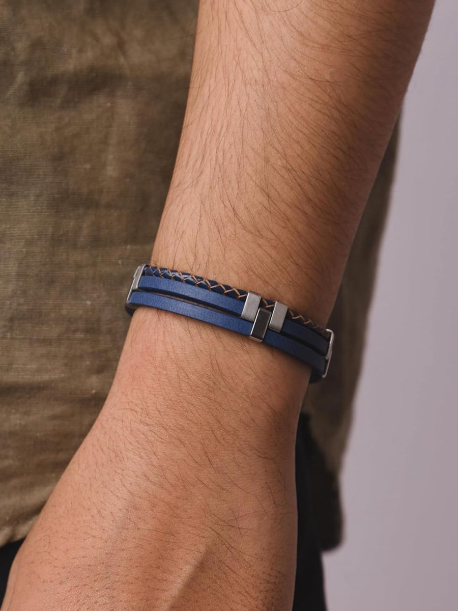 Bracelet homme en cuir, acier inoxydable, design moderne et naturel, modèle Daryl - Bracelet - Bleu S