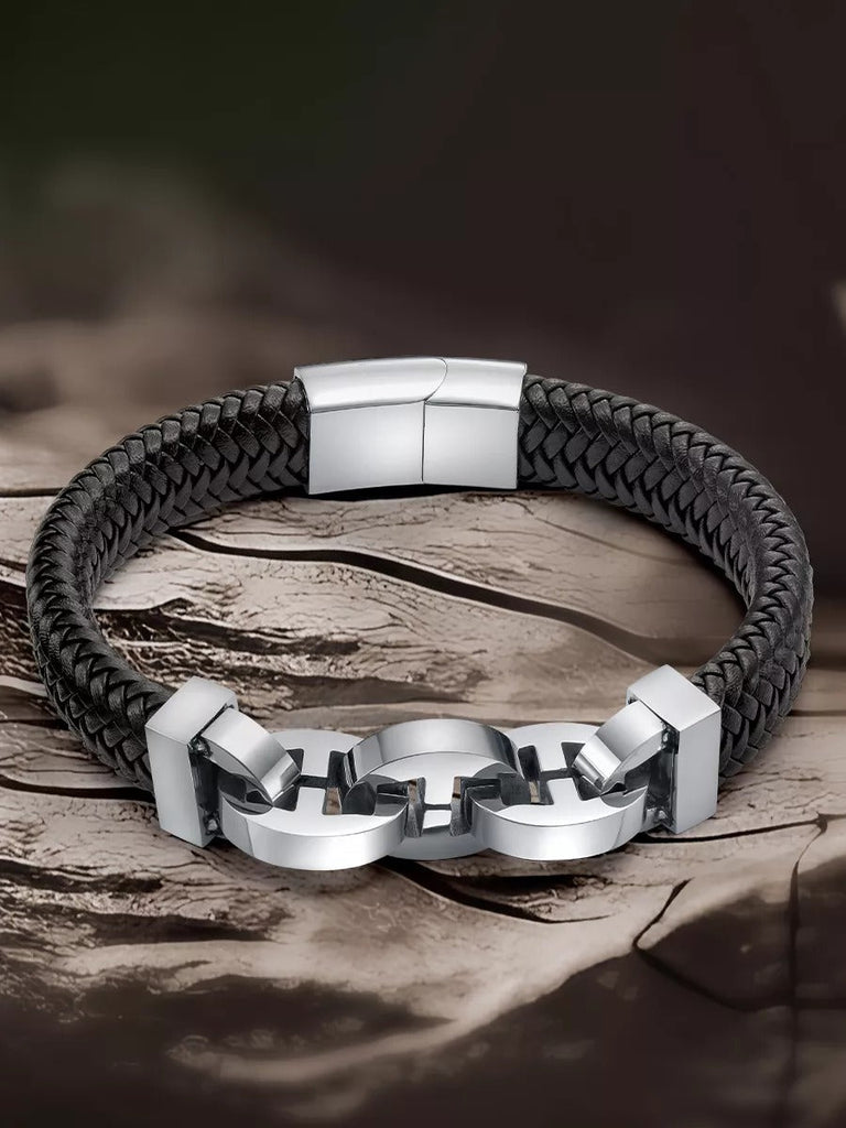 Bracelet homme en cuir et acier inoxydable, design moderne, fermoir magnétique, tressé noir, modèle Oswald - Bracelet - Noir S