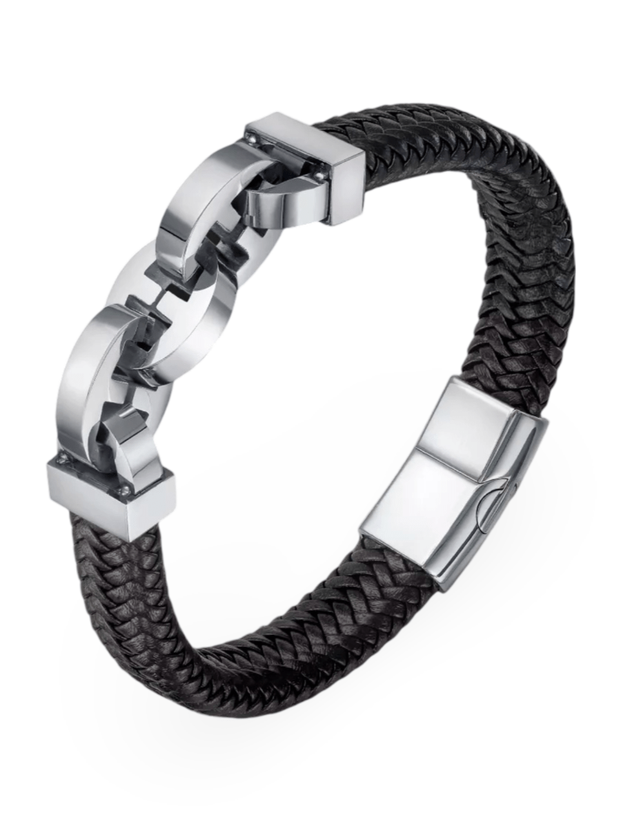 Bracelet homme en cuir et acier inoxydable, design moderne, fermoir magnétique, tressé noir, modèle Oswald - Bracelet - Noir S