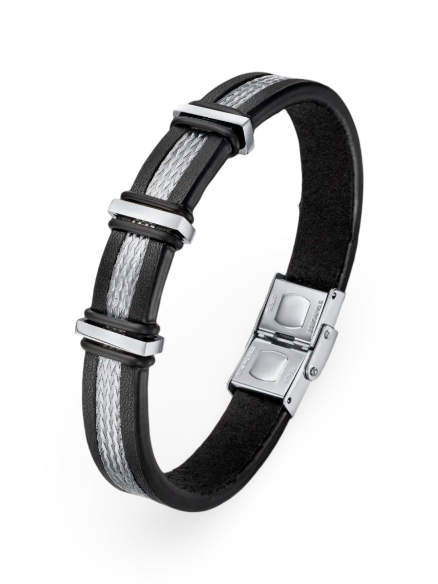 Bracelet homme en cuir noir et acier inoxydable, design moderne, accessoire masculin, modèle Paulin - Bracelet - Noir S