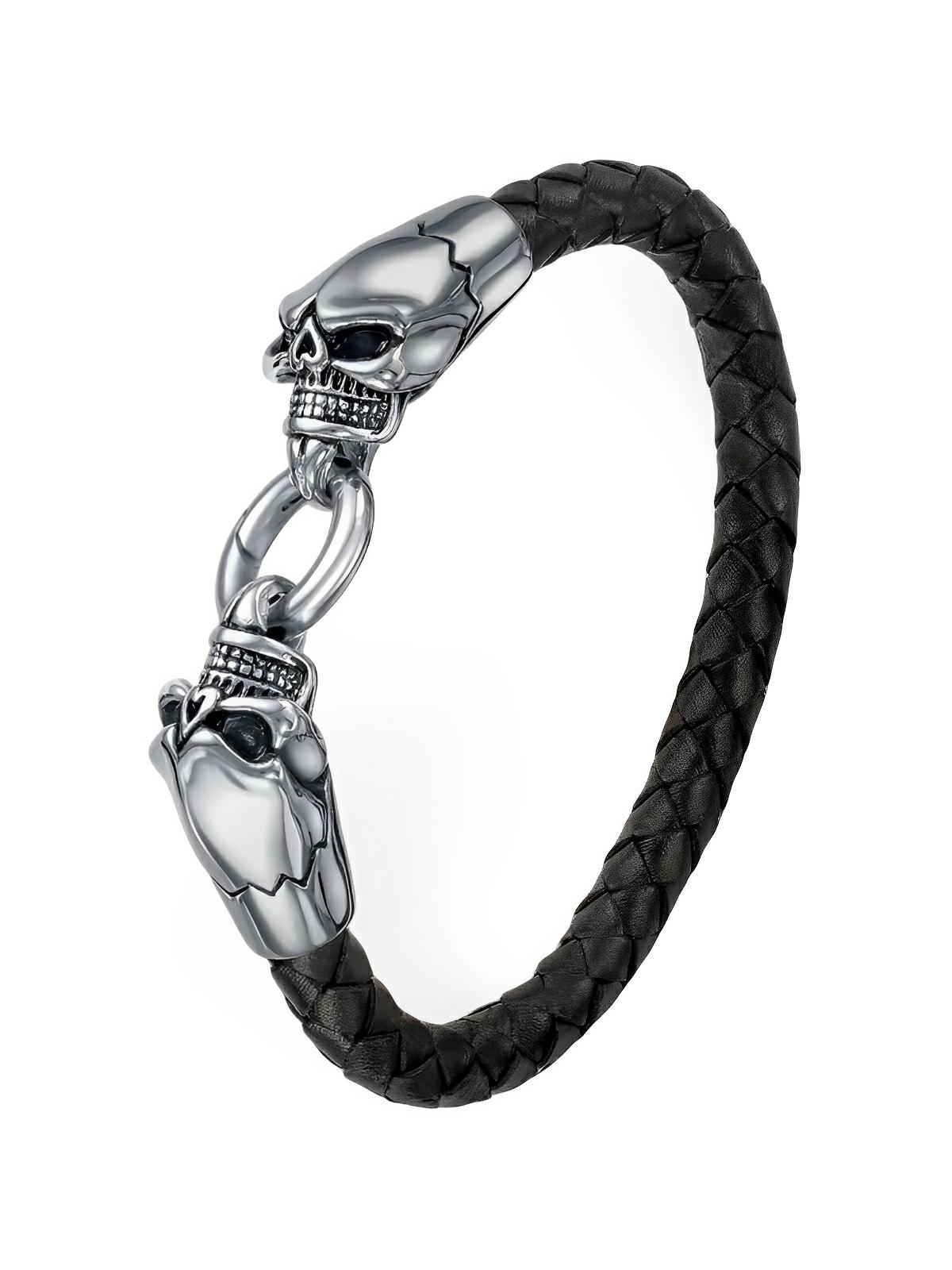 Bracelet homme en cuir noir et acier inoxydable, double tête de mort, style biker, accessoire rock, modèle Auxence - Bracelet - Noir S