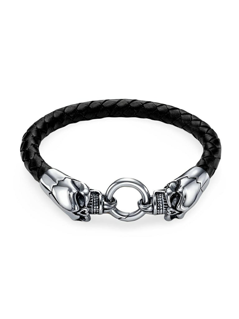 Bracelet homme en cuir noir et acier inoxydable, double tête de mort, style biker, accessoire rock, modèle Auxence - Bracelet - Noir S