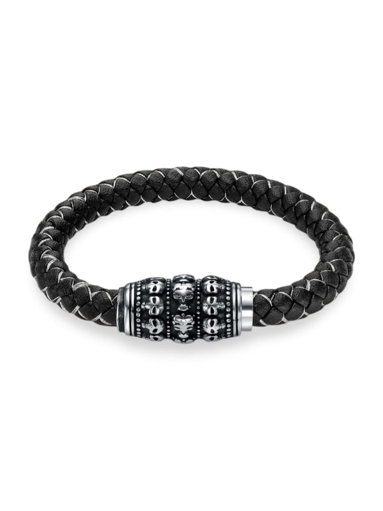 Bracelet homme en cuir noir et acier inoxydable, motif crâne, style biker, accessoire tendance, modèle Timoléon - Bracelet - Noir S