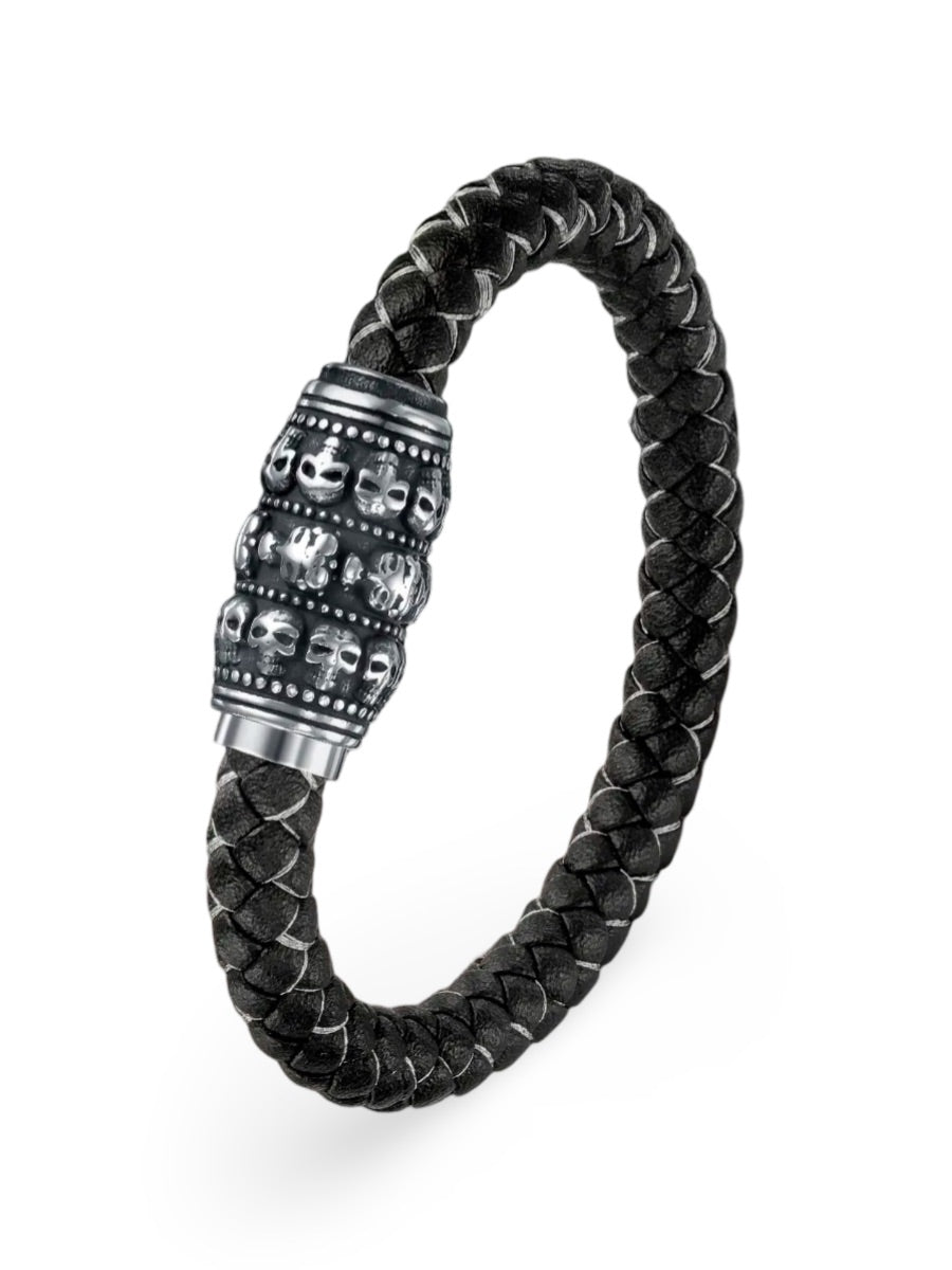 Bracelet homme en cuir noir et acier inoxydable, motif crâne, style biker, accessoire tendance, modèle Timoléon - Bracelet - Noir S