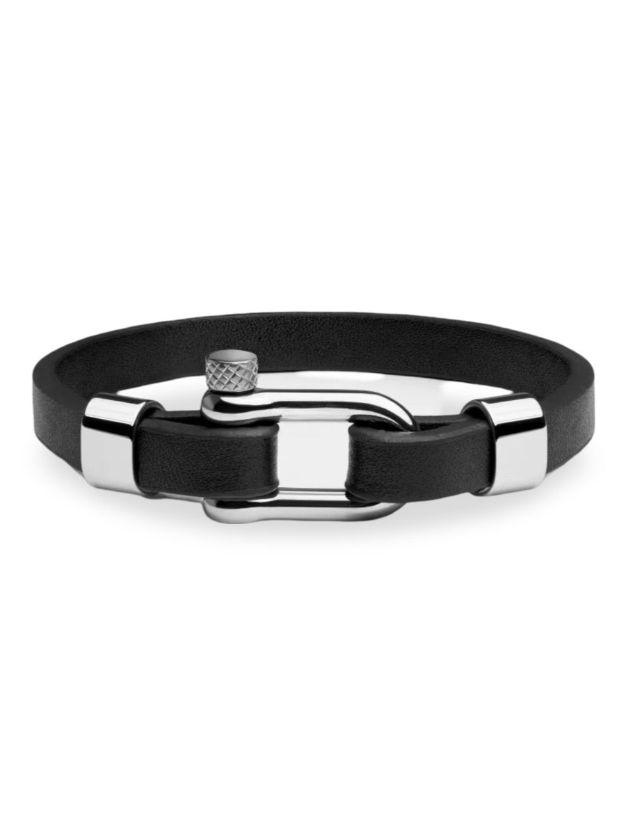 Bracelet homme en cuir noir, fermoir à manille, bijou tendance, modèle Gaston - Bracelet - Noir et argent S