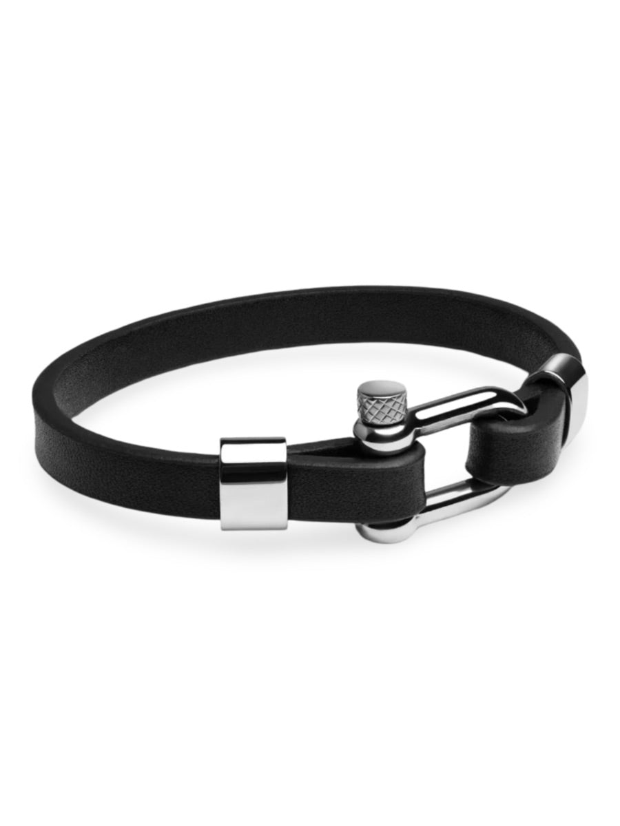 Bracelet homme en cuir noir, fermoir à manille, bijou tendance, modèle Gaston - Bracelet - Noir et argent S