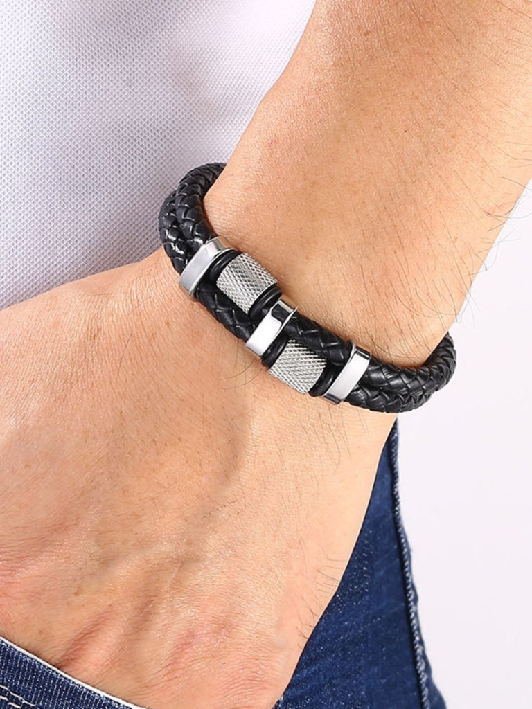 Bracelet homme en cuir tressé, acier inoxydable, double rang, détails méticuleux, modèle Roselin - Bracelet - Noir et argent XS