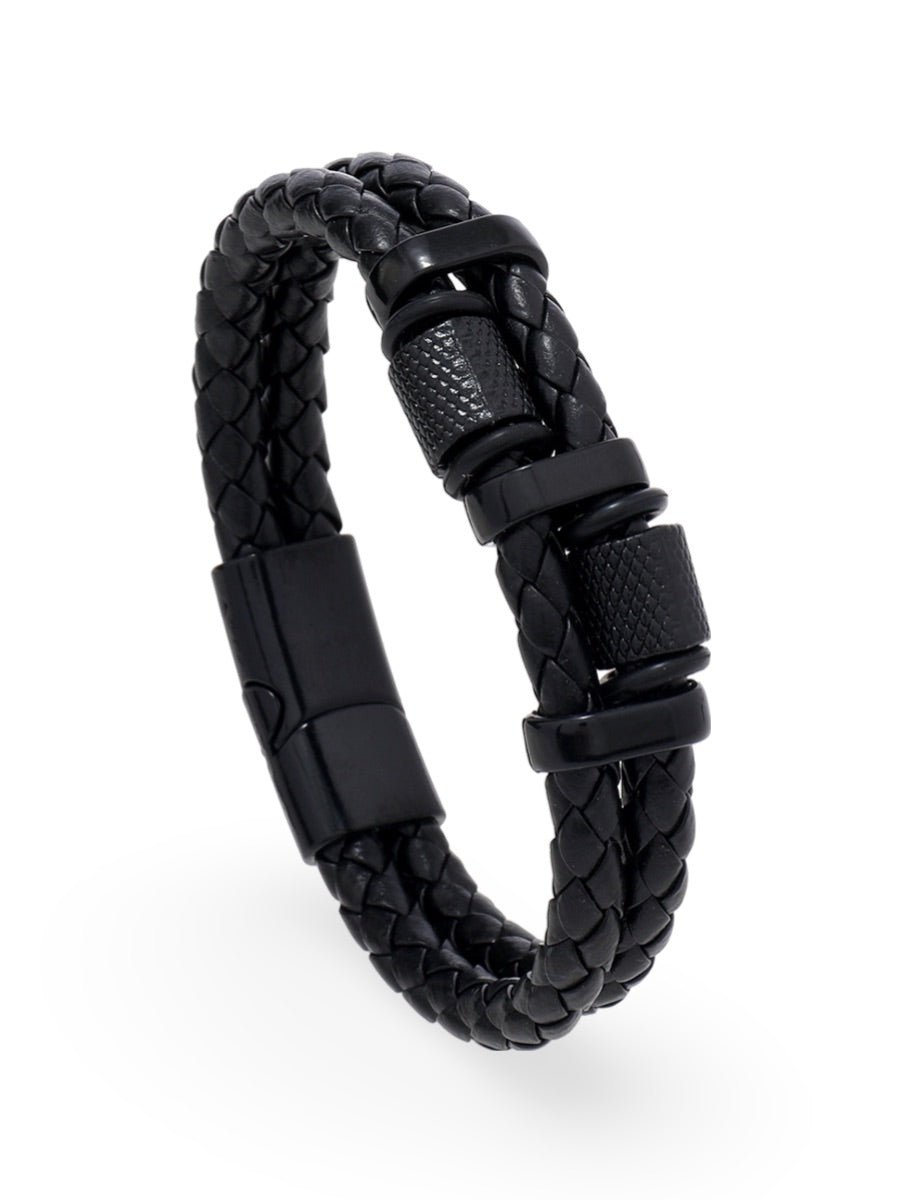 Bracelet homme en cuir tressé, acier inoxydable, double rang, détails méticuleux, modèle Roselin - Bracelet - Noir XS