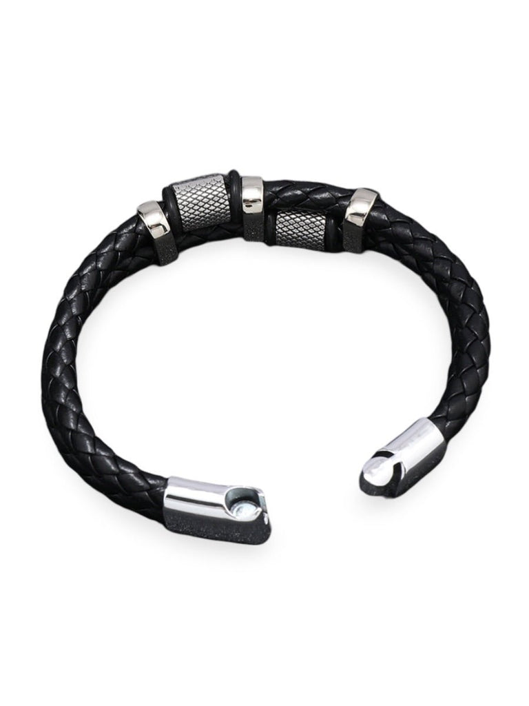 Bracelet homme en cuir tressé, acier inoxydable, double rang, détails méticuleux, modèle Roselin - Bracelet - Noir et argent XS