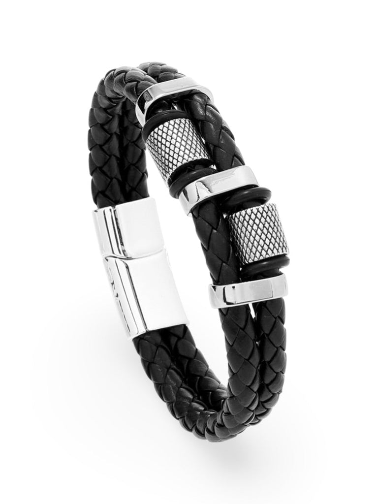 Bracelet homme en cuir tressé, acier inoxydable, double rang, détails méticuleux, modèle Roselin - Bracelet - Noir et argent XS