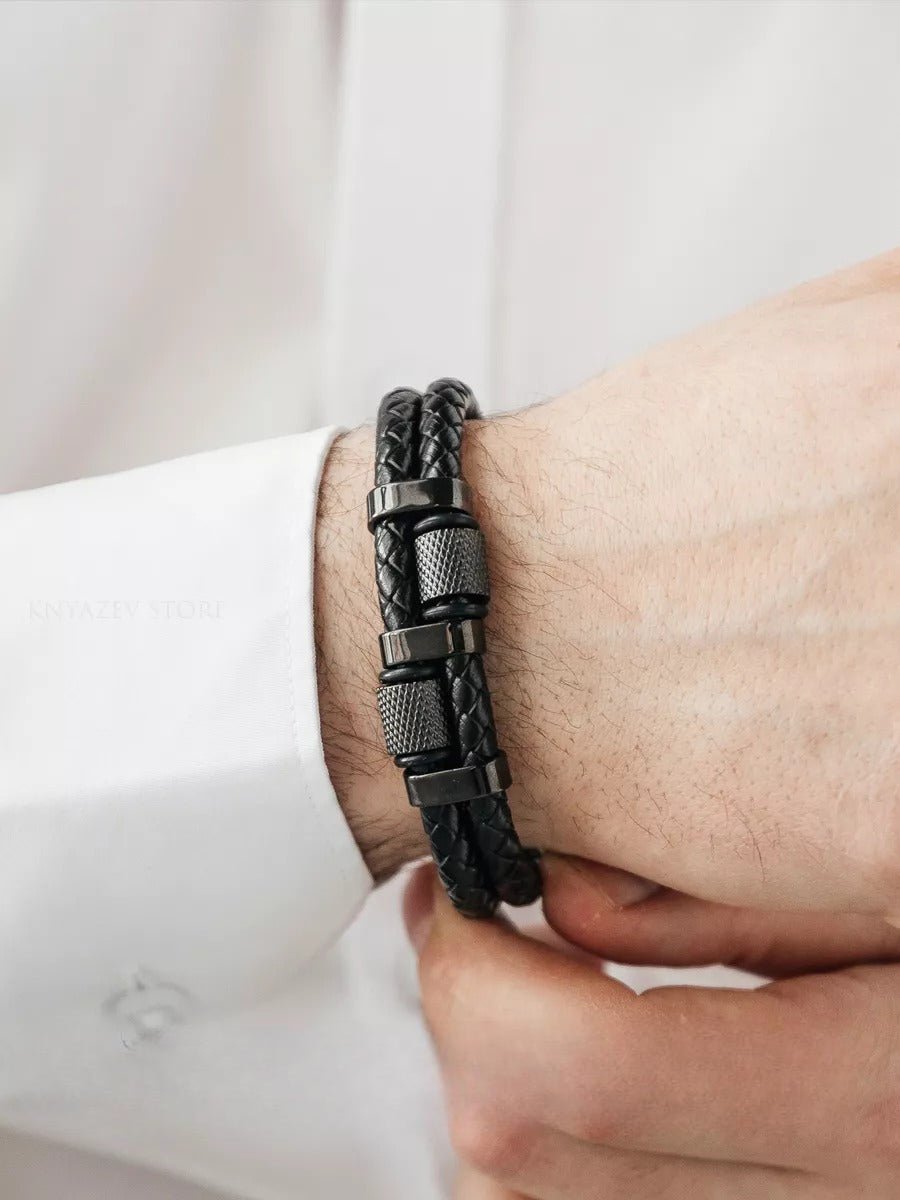 Bracelet homme en cuir tressé, acier inoxydable, double rang, détails méticuleux, modèle Roselin - Bracelet - Noir XS