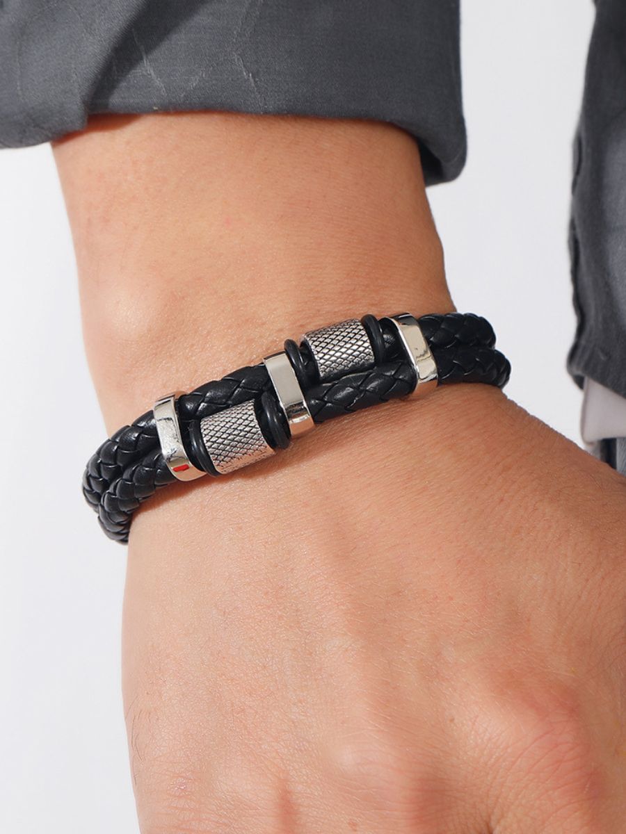 Bracelet homme en cuir tressé, acier inoxydable, double rang, détails méticuleux, modèle Roselin - Bracelet - Noir et argent XS