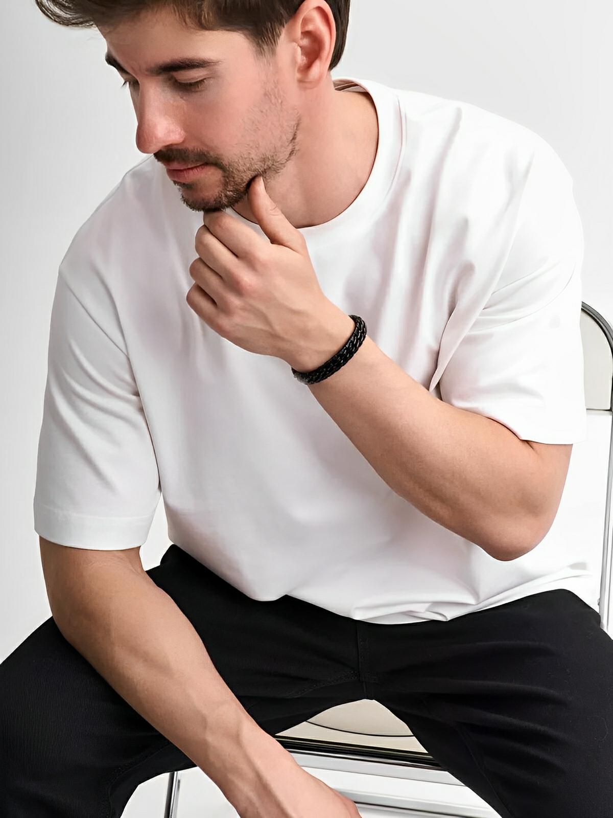 Bracelet homme en cuir tressé, chaîne en titane, avec fermeture magnétique, modèle Donovan - Bracelet - Noir et noir S