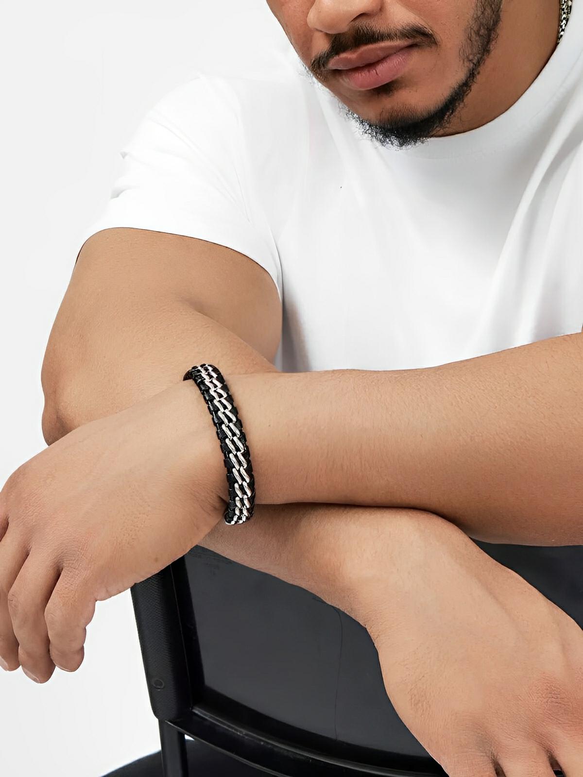 Bracelet homme en cuir tressé, chaîne en titane, avec fermeture magnétique, modèle Donovan - Bracelet - Noir et argent S