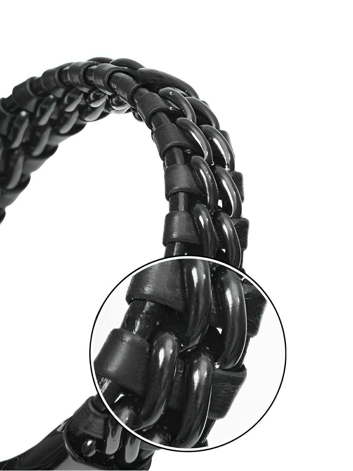 Bracelet homme en cuir tressé, chaîne en titane, avec fermeture magnétique, modèle Donovan - Bracelet - Noir et noir S