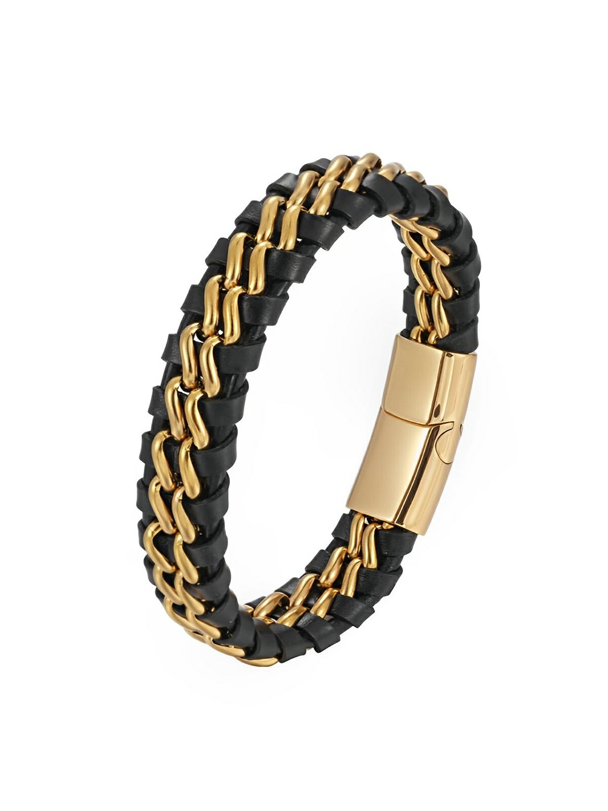 Bracelet homme en cuir tressé, chaîne en titane, avec fermeture magnétique, modèle Donovan - Bracelet - Noir et or S