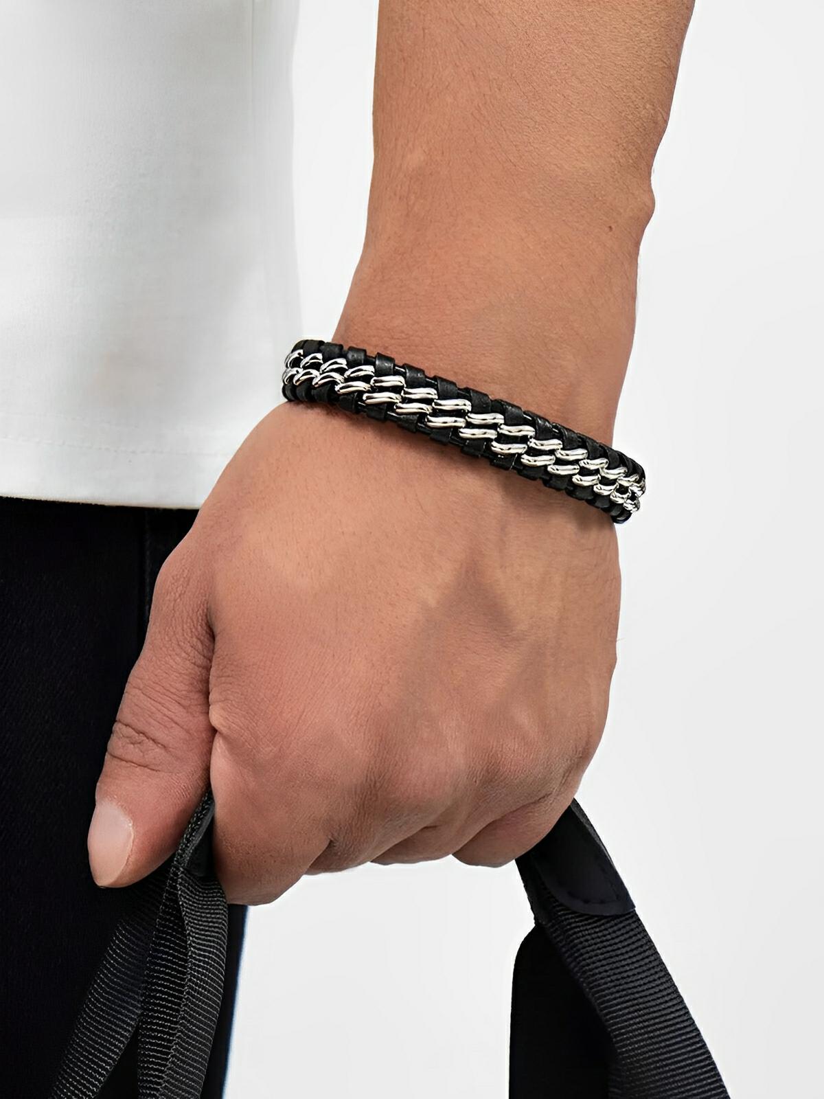 Bracelet homme en cuir tressé, chaîne en titane, avec fermeture magnétique, modèle Donovan - Bracelet - Noir et argent S