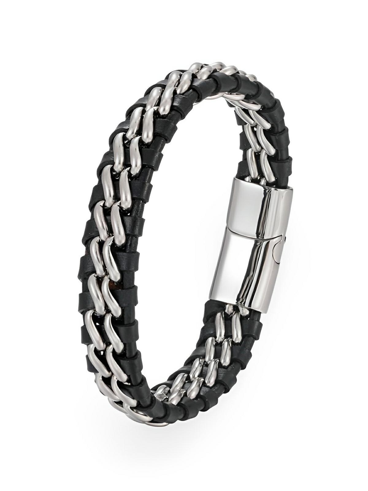 Bracelet homme en cuir tressé, chaîne en titane, avec fermeture magnétique, modèle Donovan - Bracelet - Noir et argent S