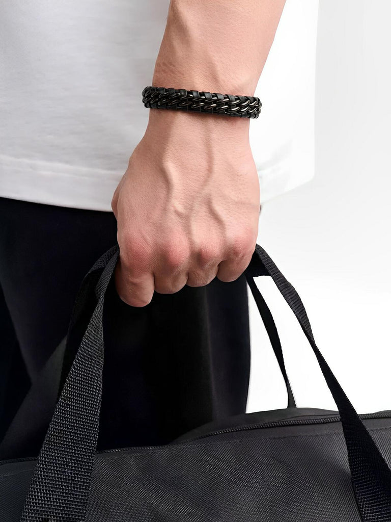 Bracelet homme en cuir tressé, chaîne en titane, avec fermeture magnétique, modèle Donovan - Bracelet - Noir et noir S