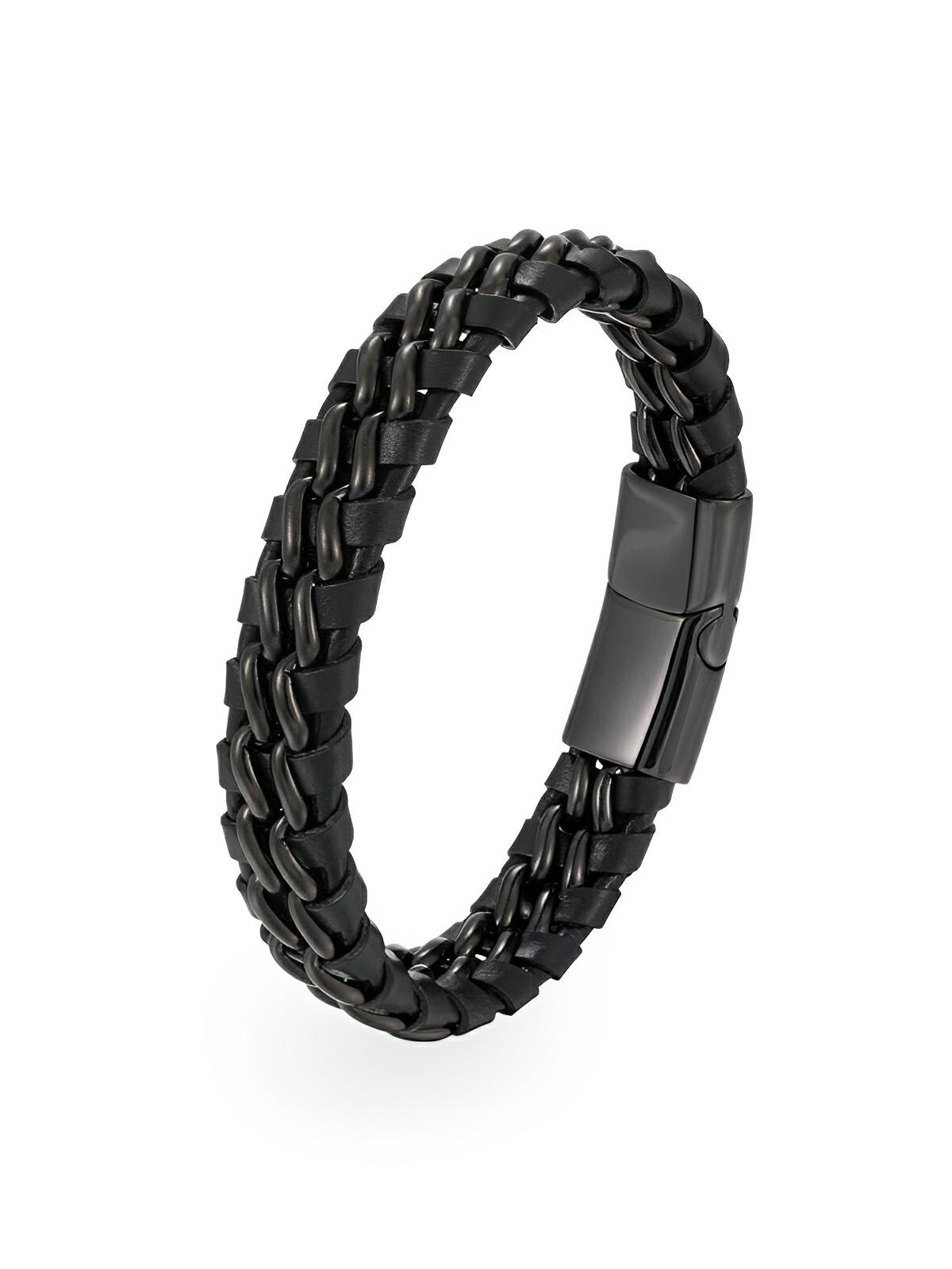 Bracelet homme en cuir tressé, chaîne en titane, avec fermeture magnétique, modèle Donovan - Bracelet - Noir et noir S