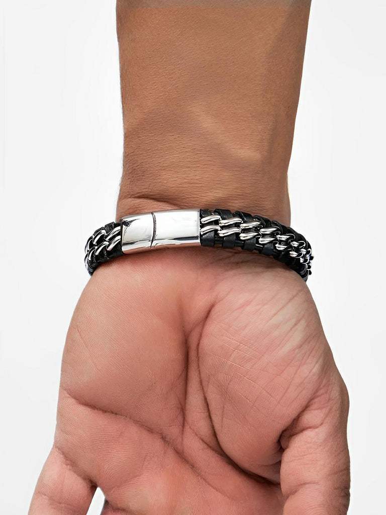 Bracelet homme en cuir tressé, chaîne en titane, avec fermeture magnétique, modèle Donovan - Bracelet - Noir et argent S