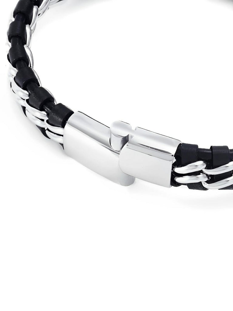 Bracelet homme en cuir tressé, chaîne en titane, avec fermeture magnétique, modèle Donovan - Bracelet - Noir et argent S