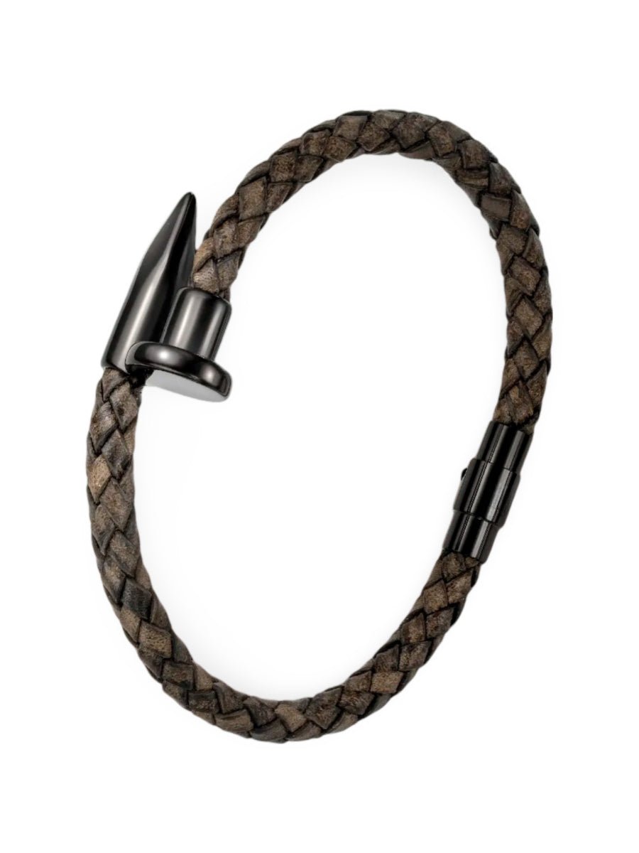 Bracelet homme en cuir tressé et acier inoxydable, aspect clou, style moderne et robuste, modèle Orens - Bracelet - Marron S