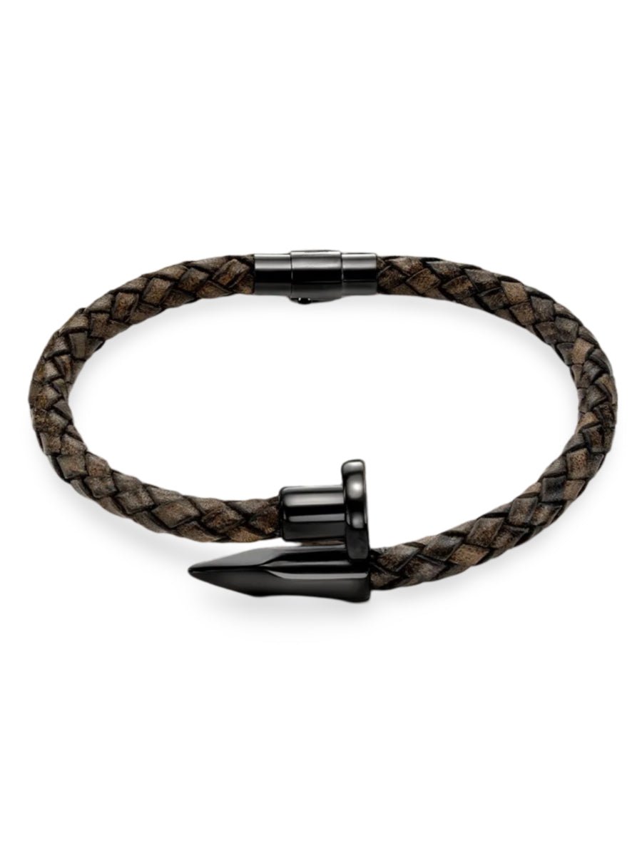 Bracelet homme en cuir tressé et acier inoxydable, aspect clou, style moderne et robuste, modèle Orens - Bracelet - Marron S