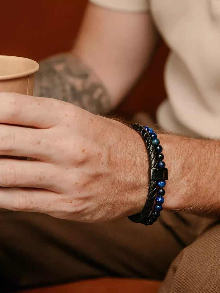 Bracelet homme en cuir tressé et perles de lave naturelle, à l'esthétique tendance, modèle Marvin - Bracelet - Œil de tigre bleu S