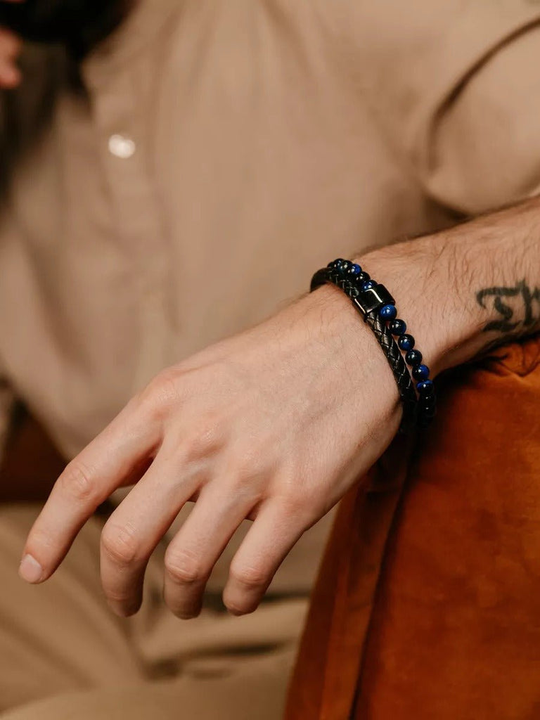 Bracelet homme en cuir tressé et perles de lave naturelle, à l'esthétique tendance, modèle Marvin - Bracelet - Œil de tigre bleu S