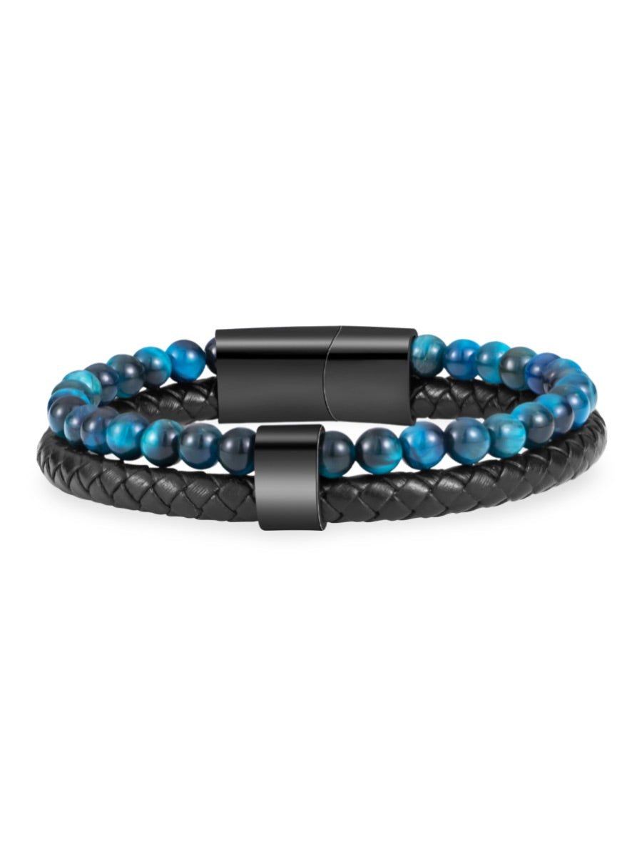 Bracelet homme en cuir tressé et perles de lave naturelle, à l'esthétique tendance, modèle Marvin - Bracelet - Œil de tigre bleu S