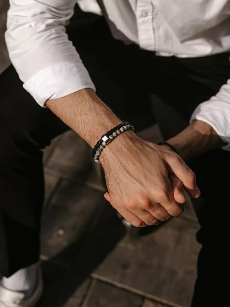 Bracelet homme en cuir tressé et perles de lave naturelle, à l'esthétique tendance, modèle Marvin - Bracelet - Turquoise blanche S