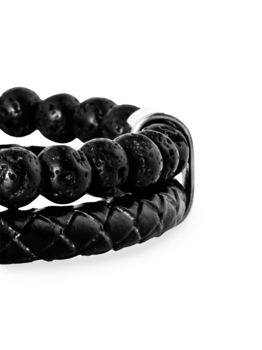 Bracelet homme en cuir tressé et perles de lave naturelle, à l'esthétique tendance, modèle Marvin - Bracelet - Pierre volcanique S