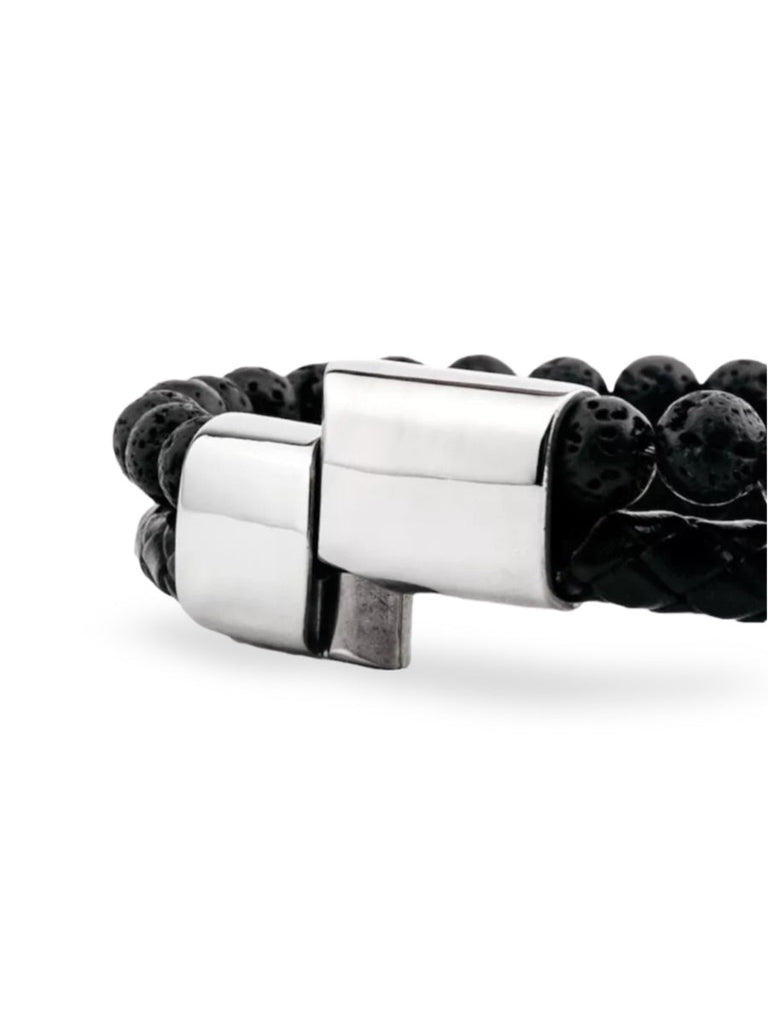 Bracelet homme en cuir tressé et perles de lave naturelle, à l'esthétique tendance, modèle Marvin - Bracelet - Pierre volcanique S