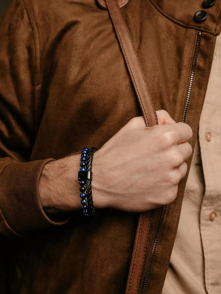 Bracelet homme en cuir tressé et perles de lave naturelle, à l'esthétique tendance, modèle Marvin - Bracelet - Œil de tigre bleu S