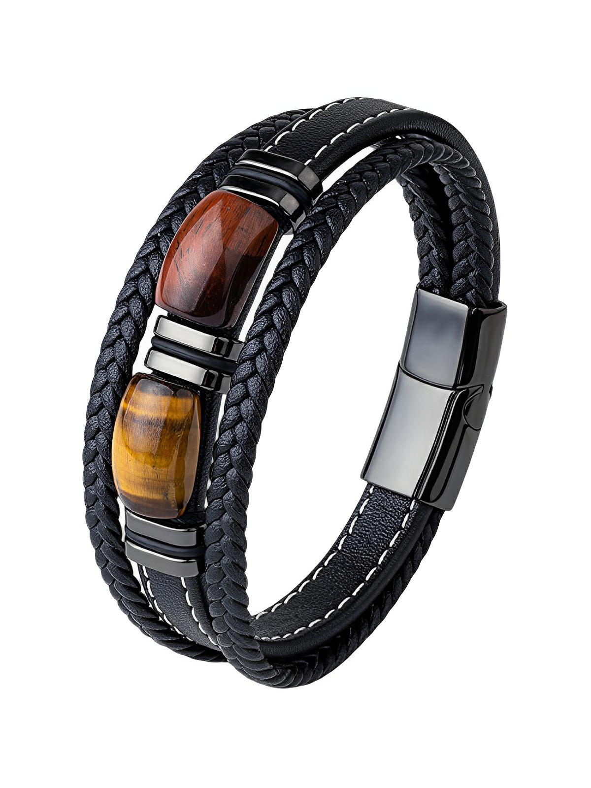 Bracelet multi - rangs, en cuir tressé, pierres en œil de tigre, fermoir magnétique, bijou homme, modèle Jack - Bracelet - Œil de tigre S
