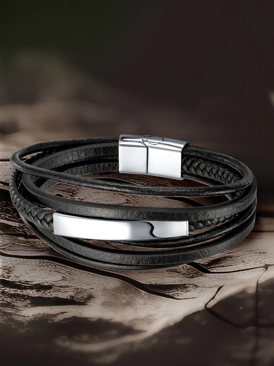 Bracelet multi - rangs homme en cuir noir et acier inoxydable, fermoir magnétique, modèle Roney - Bracelet - Noir S