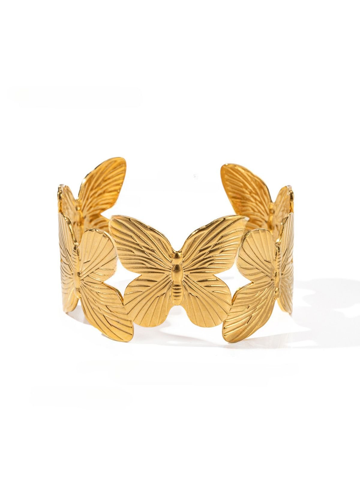 Bracelet papillons doré, manchette acier inoxydable, bijou large femme, style bohème chic, finition brillante, modèle Papilla - Bracelet - Or 19 cm