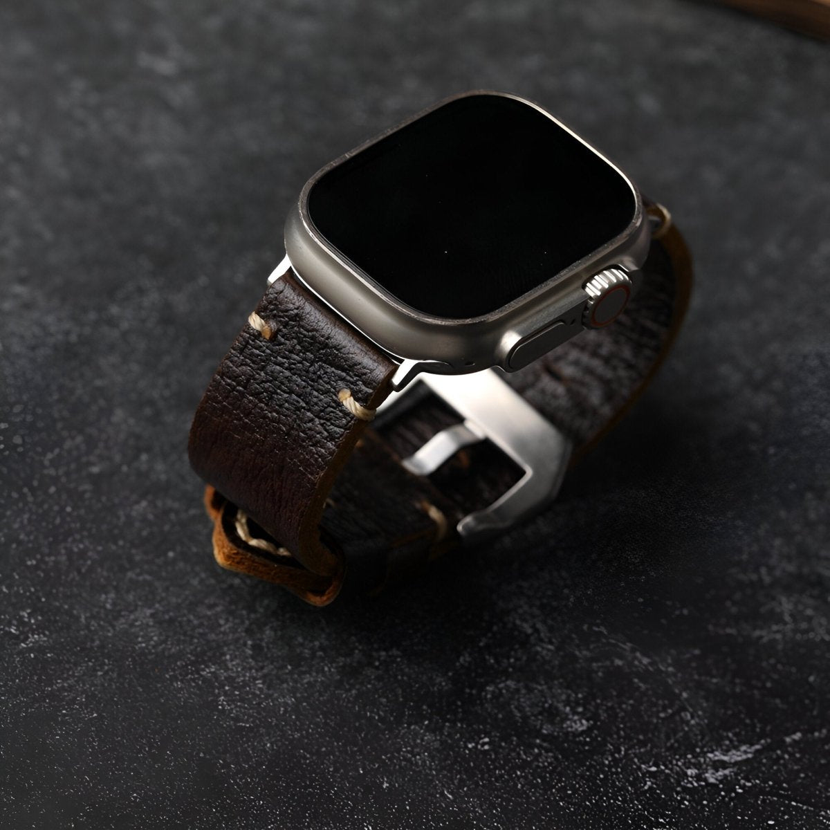 Bracelet pour Apple Watch en cuir, à l'aspect craquelé, modèle Florus - Bracelet Apple Watch - Café et argent 40/41 mm