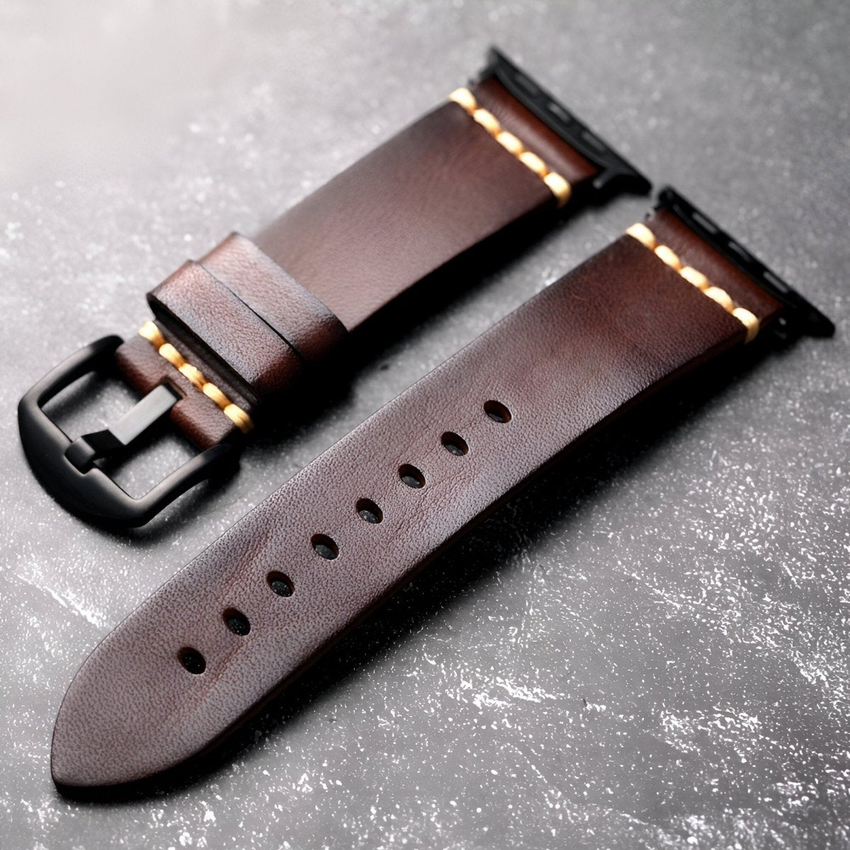 Bracelet pour Apple Watch en cuir, à l'aspect lisse, modèle Védran - Bracelet Apple Watch - Café et noir 40/41 mm