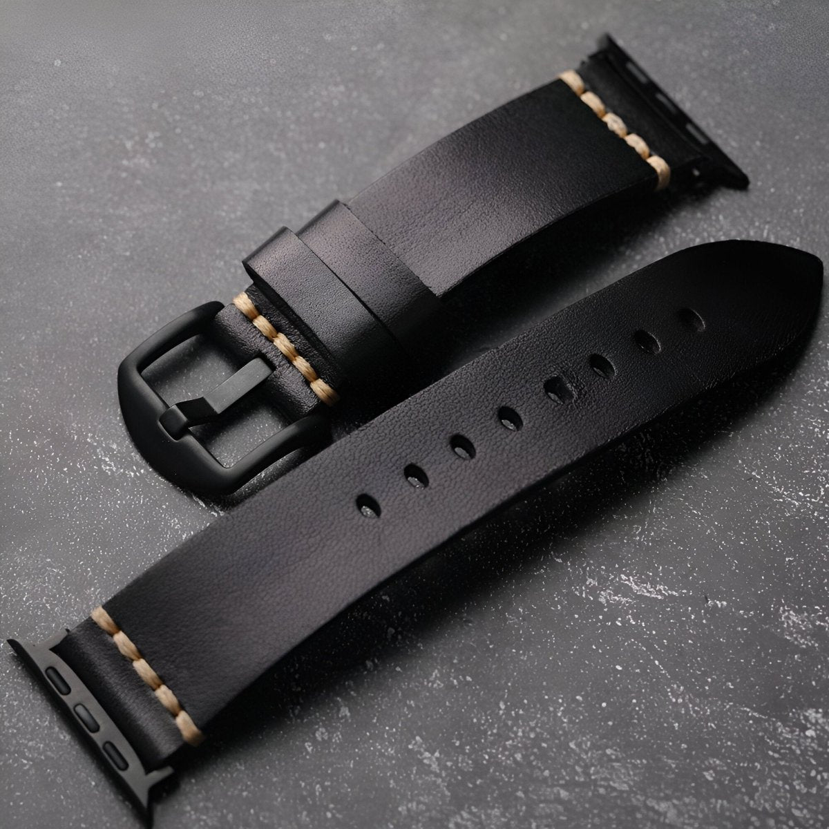 Bracelet pour Apple Watch en cuir, à l'aspect lisse, modèle Védran - Bracelet Apple Watch - Noir et noir 40/41 mm